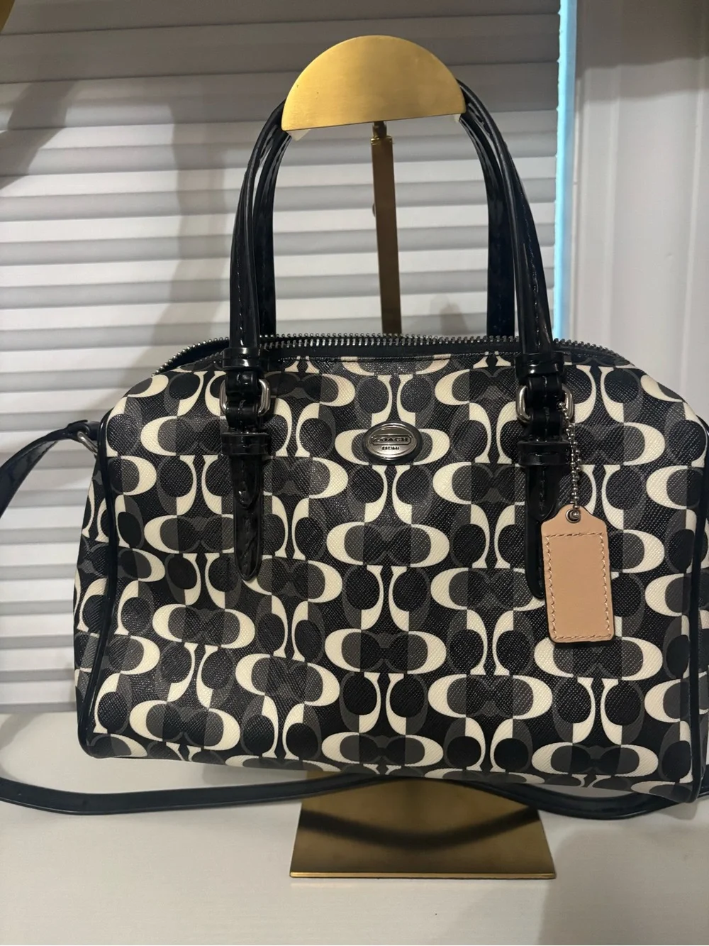 Coach Black and White Logo Satchel with Tan Tag - Picture 2 of 8